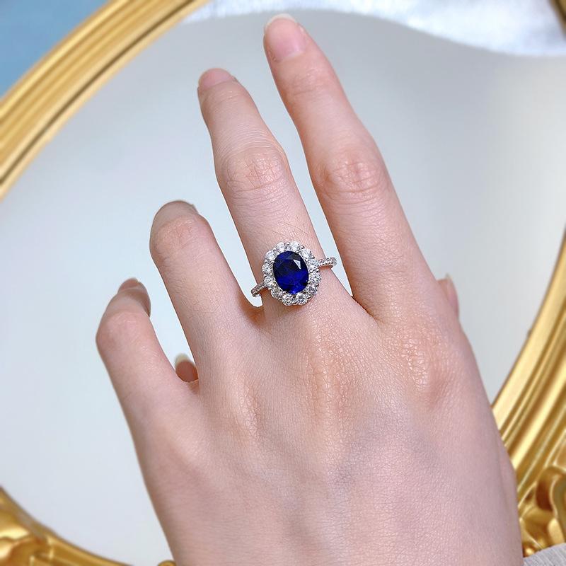 NO.054 S925 sterling silver oval cut ring 7*9mm 6A blue cubic zirconia ring fashion jewelry accessory woman girl promise ring Springtok