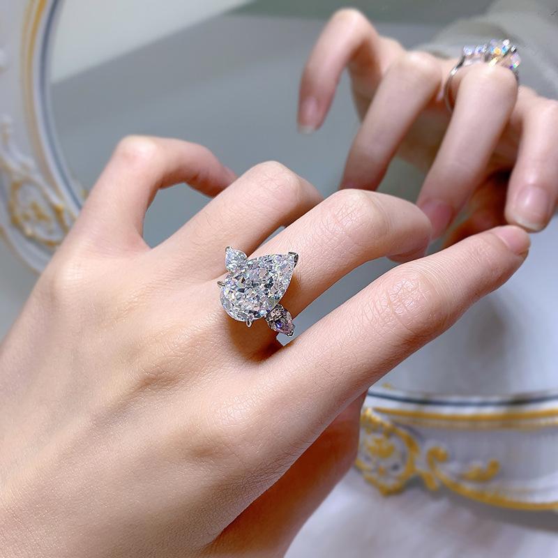 NO.034 S925 Sterling Silver Pear Shape Ice Flower Cut Ring 11*17mm White/Pink Cubic Zirconia 8A with Elegant Luxury Design for Daily Life and Engagements fashion jewelry accessory woman girl promise ring Springtok