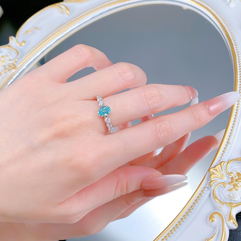 S925 Sterling Silver Blue Oval Cut Four Claws Seven Stones Ring 5*7mm 6A Cubic Zirconia Ring-463(25%)