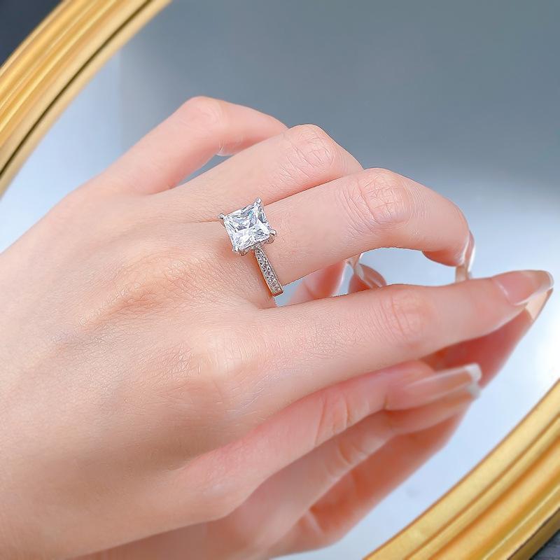 NO.024 S925 Sterling Silver Princess Cut Four Claw Ring 8*8mm 6A Cubic Zirconia Ring fashion jewelry accessory woman girl promise ring Springtok