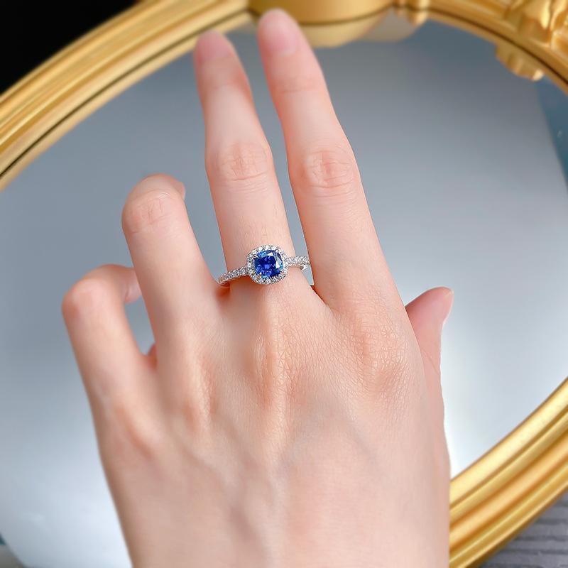 S925 Sterling Silver Blue Cushion Cut Sqare Ring 6*6mm 6A Cubic Zirconia Ring-376(35%)