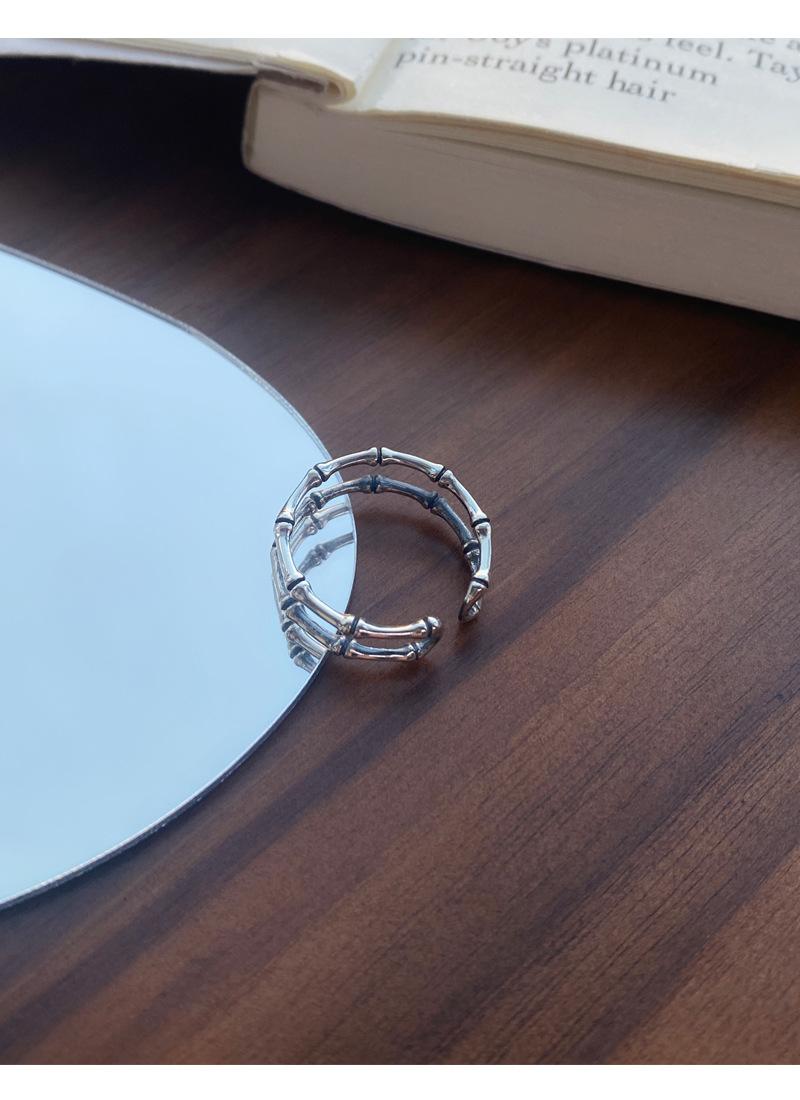 S925 Sterling Silver Vintage Distressed Double Layer Bamboo Knot Ring for Women Open Ring - 502(45%)