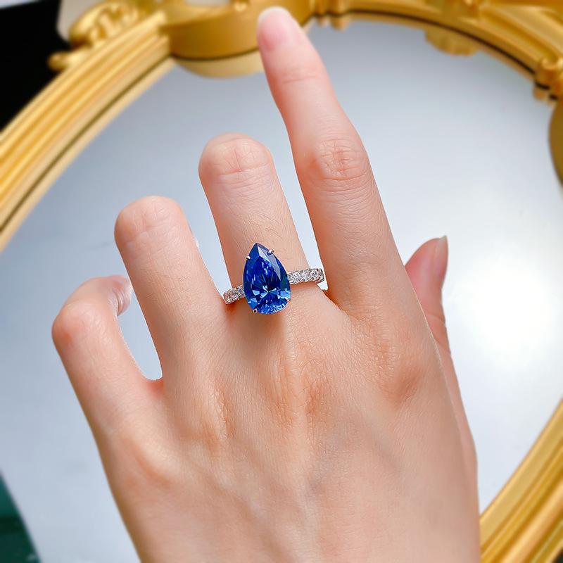NO.036 S925 sterling silver blue pear cut ring 9*14mm 8A cubic zirconia ring fashion jewelry accessory woman girl promise ring Springtok