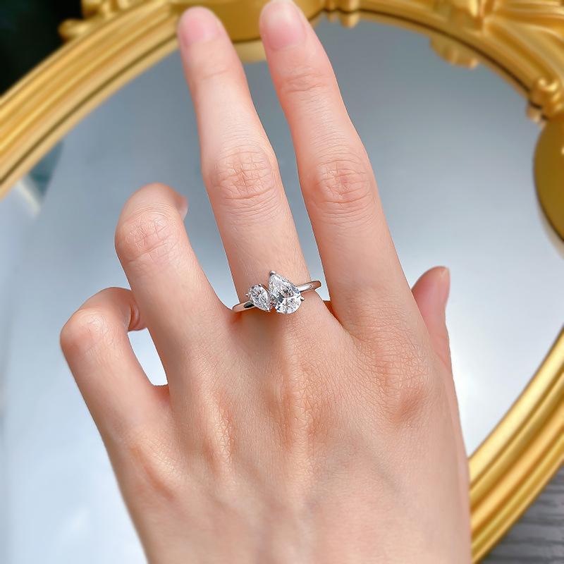 NO.030 S925 Sterling Silver Pear Ice Flower Cut Double Pear-Shaped Ring 6 * 9mm 8A Cubic Zirconia Ring fashion jewelry accessory woman girl promise ring Springtok