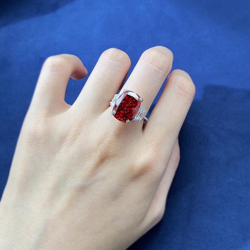 S925 Sterling Silver Red Three Stones Rectangular 11*15mm 8A Cubic Zirconia Ring-135(45%)