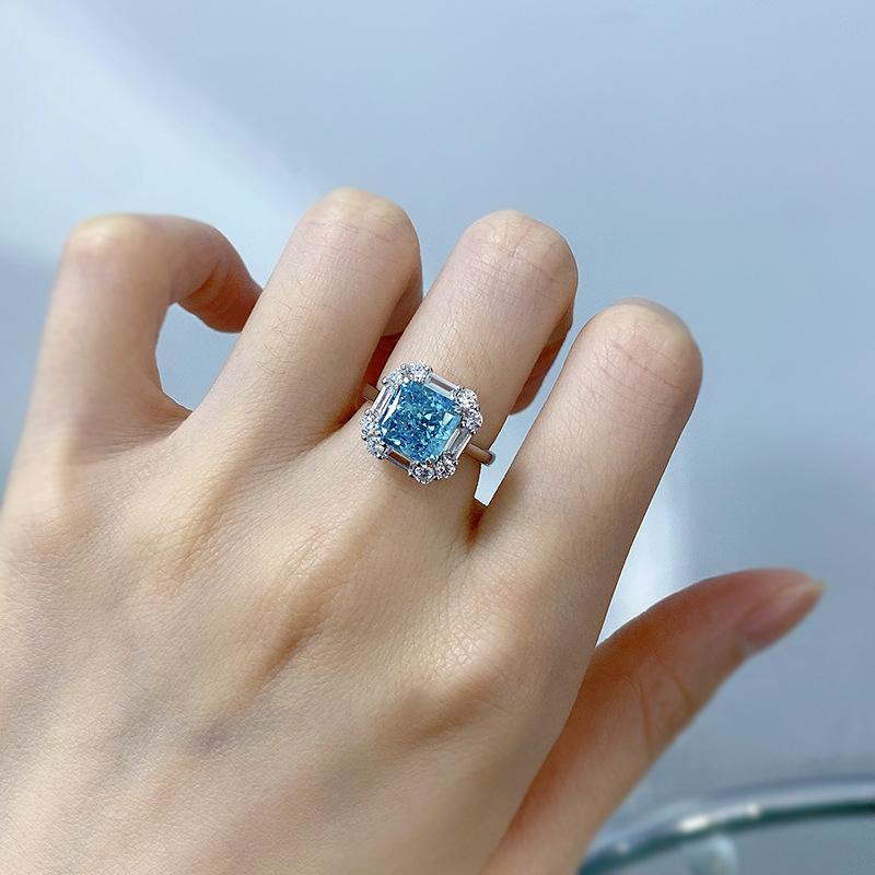 S925 Sterling Silver Sea Blue Ice Flower Cut Square 8*8mm 8A Cubic Zirconia Ring-439(25%)