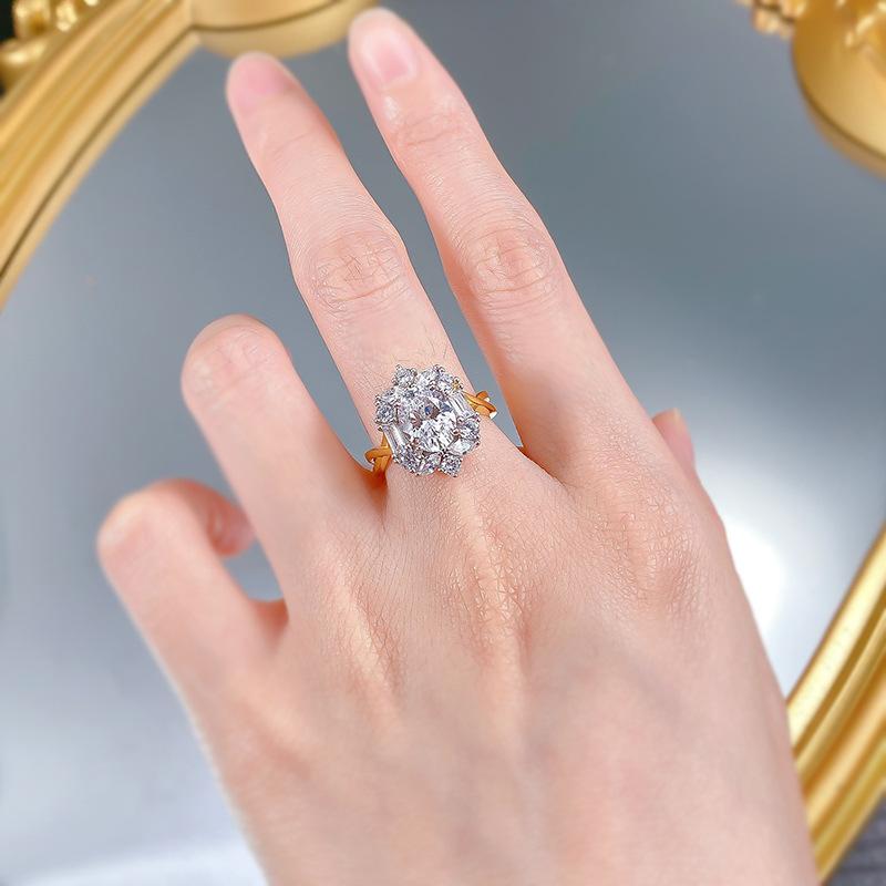 S925 Sterling Silver Pigeon Egg Oval Golden Plated 7*9mm 6A Cubic Zirconia Ring-111(45%)