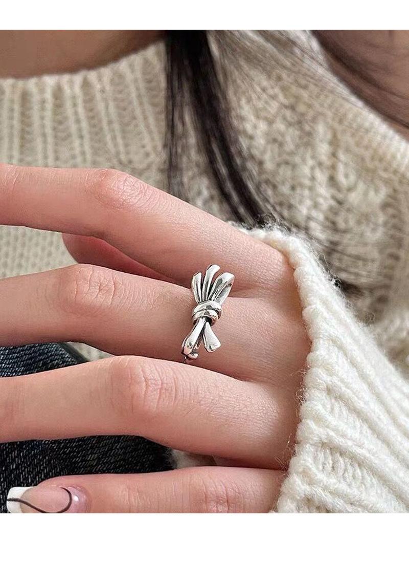 S925 Sterling Silver Vintage Distressed Bow Knot Ring for Women Open Ring -517(45%)