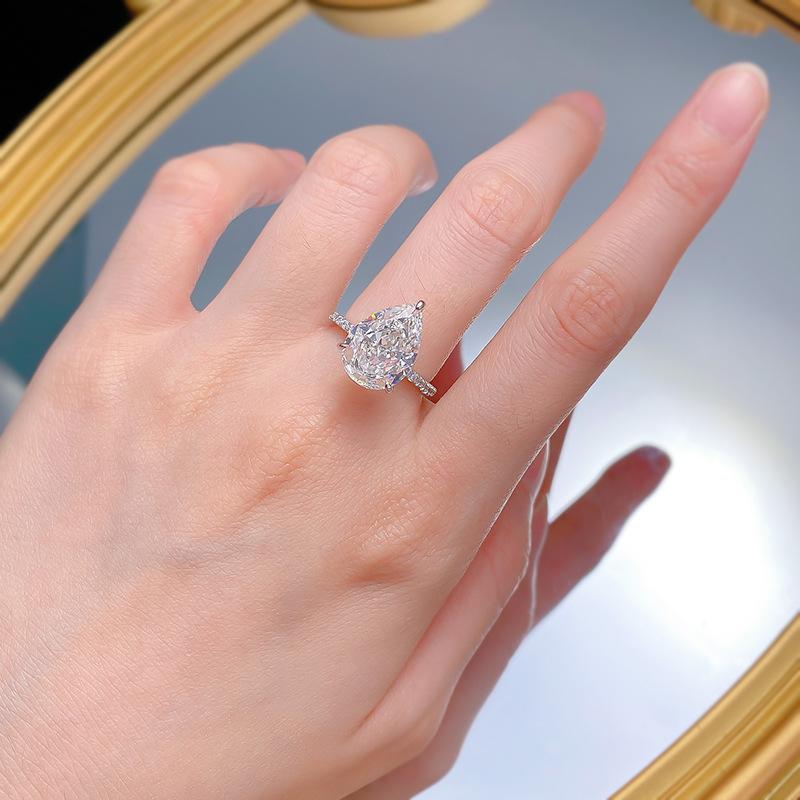 NO.032 S925 Sterling Silver Pear Shaped Ice Flower Cut Ring 10*14mm 8A Cubic Zirconia with Elegant Design for Daily Life, Women, and Engagement Gifts fashion jewelry accessory woman girl promise ring Springtok