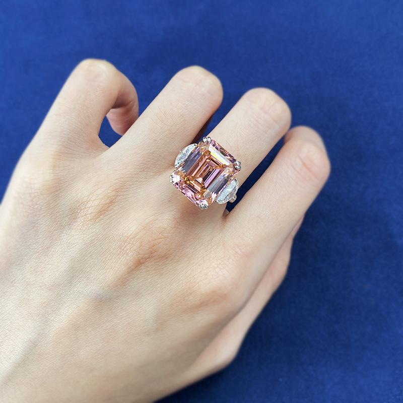 S925 Sterling Silver Orange Pink Grandma Asscher Cut Rectangular Ring 13*16mm 8A Cubic Zirconia Ring 15carats-132(45%)