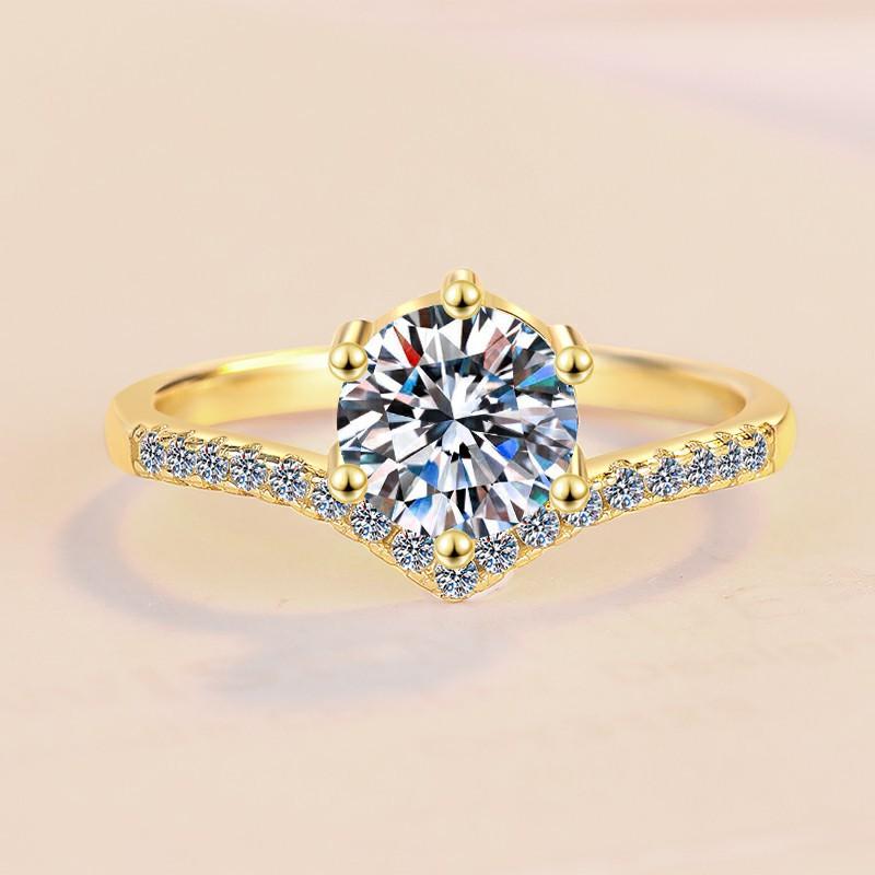 S925 Sterling Silver Six-claw Golden Ring Synthetic Moissanite Ring-186(35%)