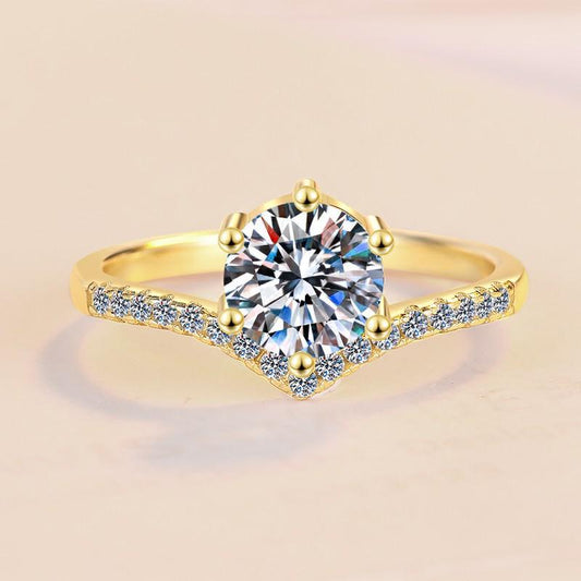 S925 Sterling Silver Six-claw Golden Ring Synthetic Moissanite Ring-186(35%)