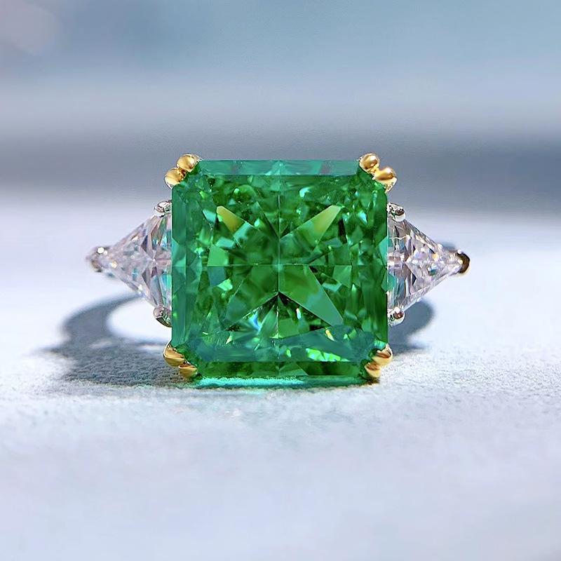 S925 Sterling Silver Green Three stones Square 10*10mm 6A Cubic Zirconia Ring-138(45%)