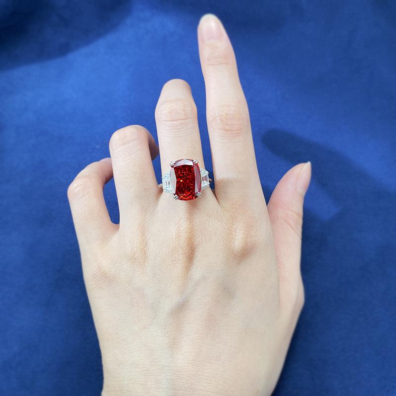 S925 Sterling Silver Red Three Stones Rectangular 11*15mm 8A Cubic Zirconia Ring-135(45%)