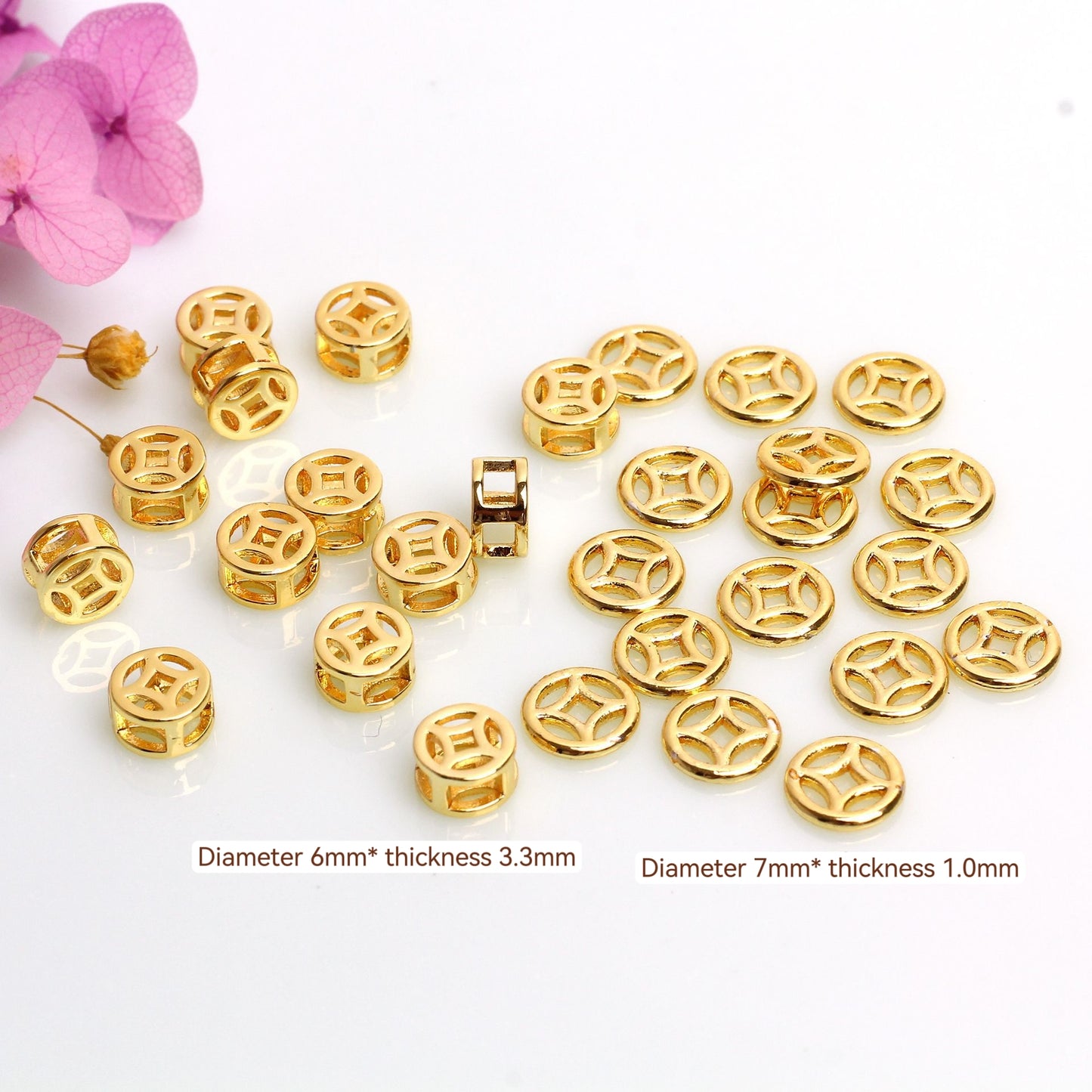 Hollow Copper Beads In The Shape Of Coins  For Jewelry DIY，Covered by 14/18K Real Gold Or Silver