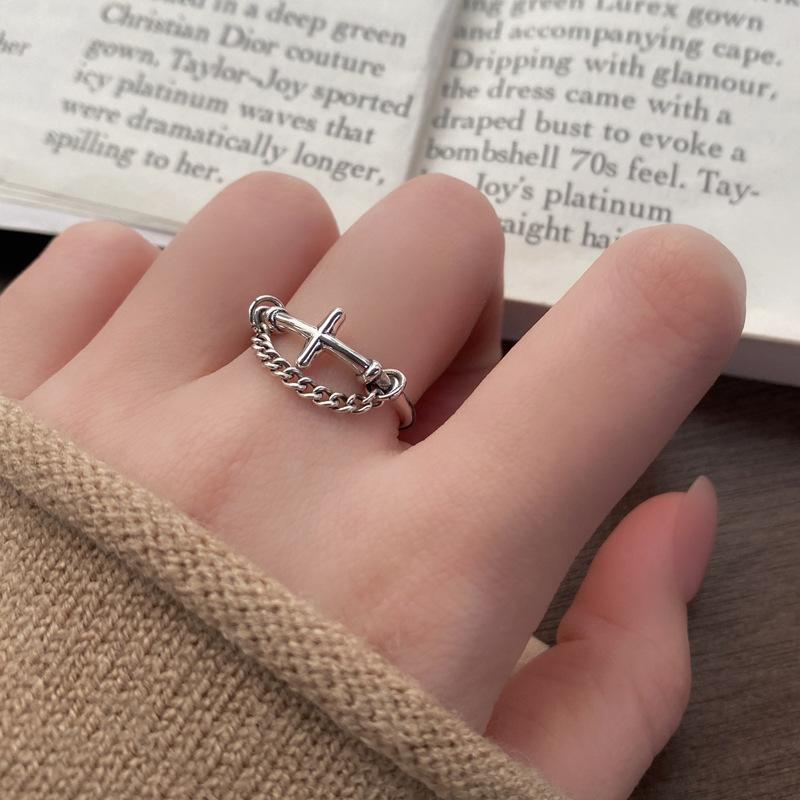 S925 Sterling Silver Vintage Chain Cross Silver Ring for Women - 505(45%)