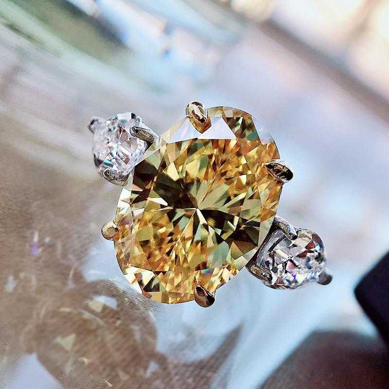 S925 Sterling Silver Purple Three-stones Oval Cut Oval Ring 10*14mm 6A Cubic Zirconia Ring Purple/Yellow/White-365(35%)