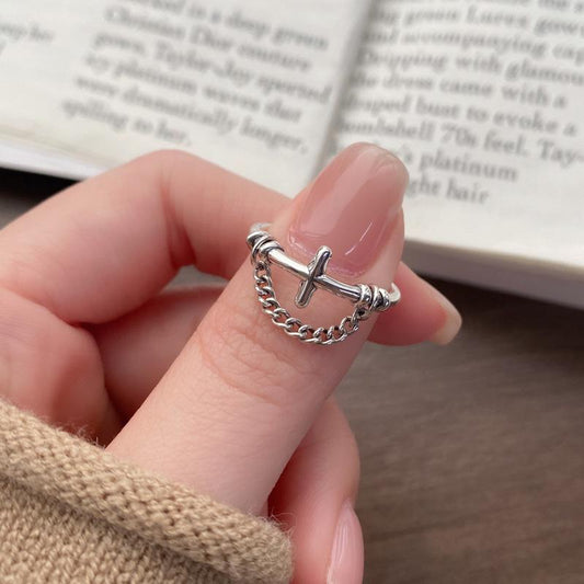 S925 Sterling Silver Vintage Chain Cross Silver Ring for Women - 505(45%)