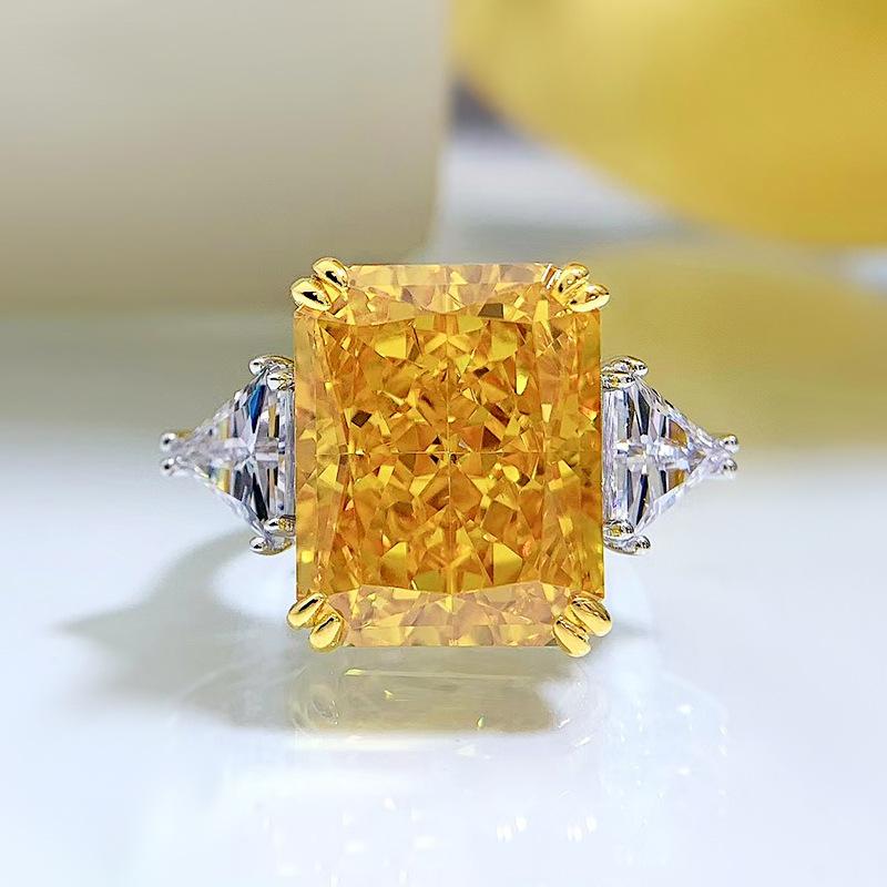 S925 Sterling Silver Pink/Yellow Rectangular Ice Flower Cut Three Stones 13*16mm 8A Cubic Zirconia Ring-444(25%)