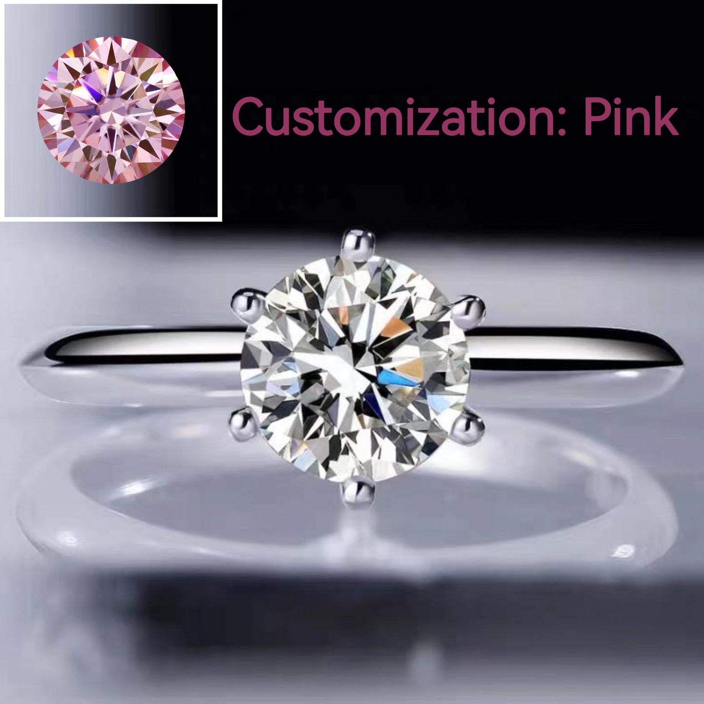 S925 Sterling Silver Pink Synthetic Moissanite Six-claws Ring 1/2/3/5 Carats-235(35%)