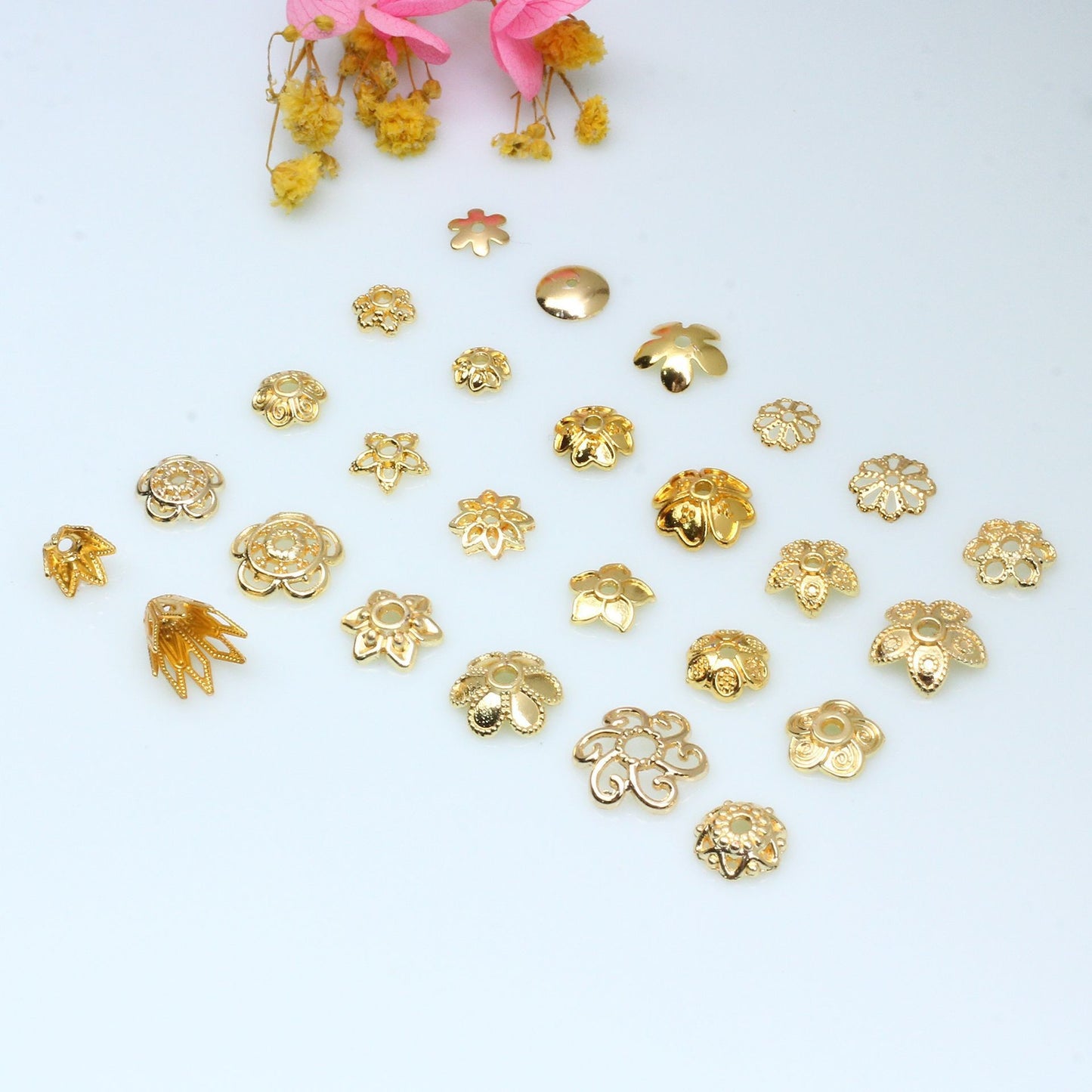 Hollow Petal Alloy Bead Holder For Jewelry DIY，10 pcs, Covered By 14/18K Real Gold Or Silver