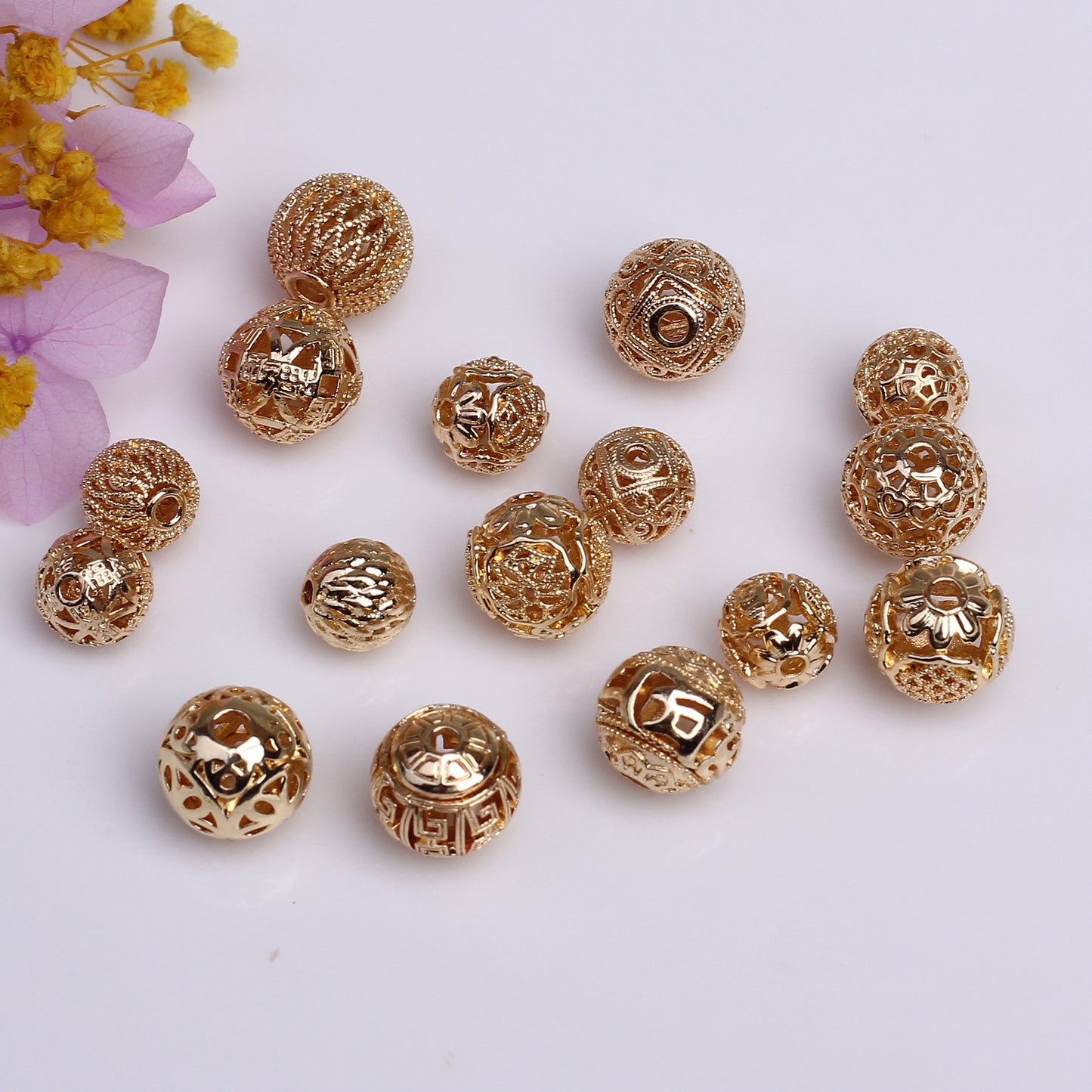 Carve Designs Hollow Copper Beads For Jewelry DIY，Covered By 14/18K Real Gold Or Silver