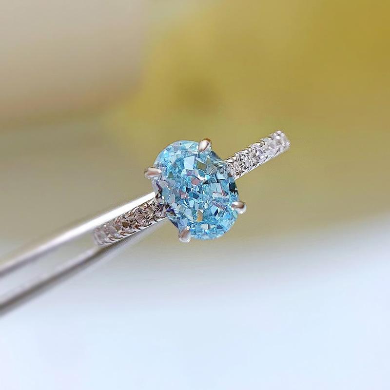 S925 Sterling Silver Aquamarine Radiant Cut Oval Ring 6*8mm 6A Cubic Zirconia Ring-272(35%)