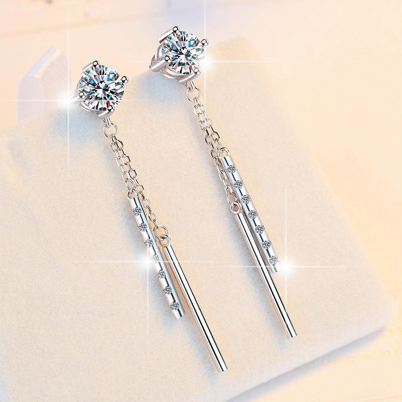 47. S925 Sterling Silver Long Tassel Stud Earrings Synthetic Moissanite Stud Earrings