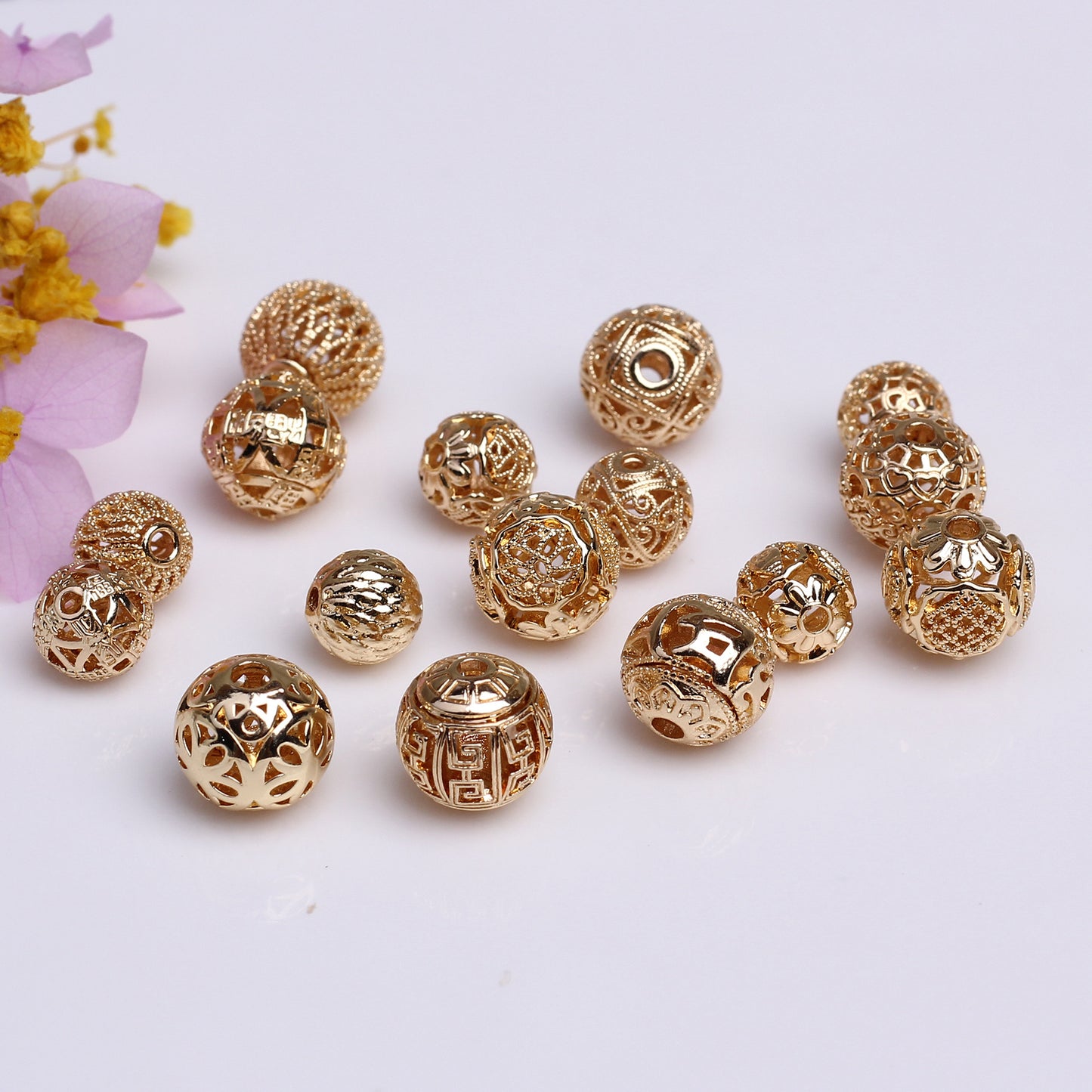 Carve Designs Hollow Copper Beads For Jewelry DIY，Covered By 14/18K Real Gold Or Silver