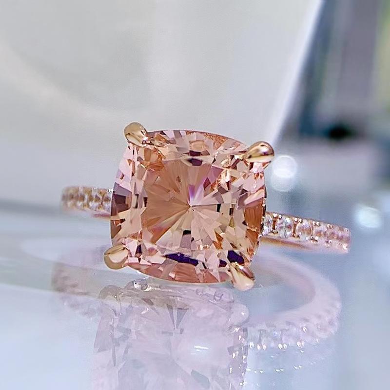 S925 Sterling Silver Champagne Fat Square Cut High Carbon Ring 9*9mm 6A Cubic Zirconia Ring-457(25%)