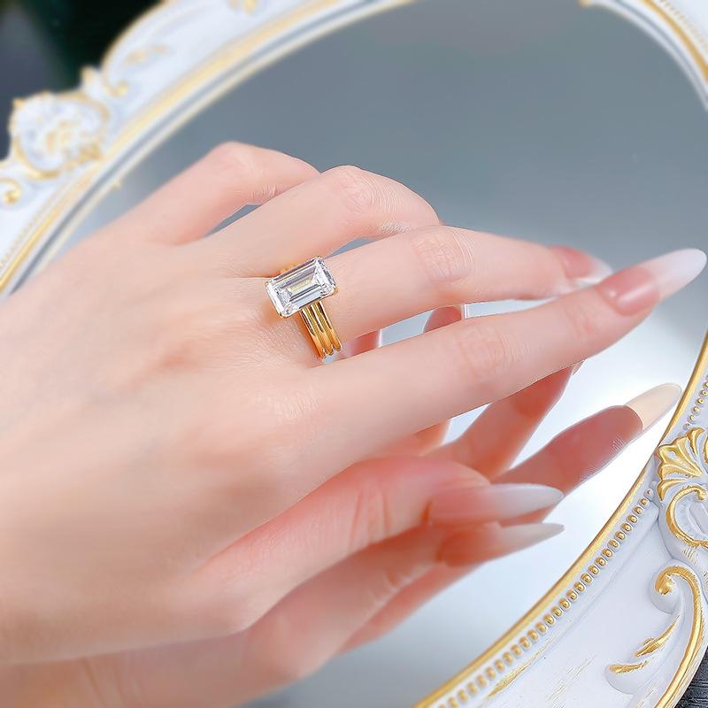 S925 Sterling Silver Three Row Band Grandma Cut Rectangular 8*12mm 6A Cubic Zirconia Ring-381(35%)