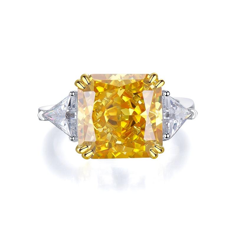 S925 Sterling Silver Yellow Three stones Square 10*10mm 5Carats 8A Cubic Zirconia Ring-153(45%)