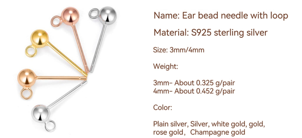 S925 Sterling Silver Ear stud With Ring and Bead For Jewelry DIY（2 pairs)