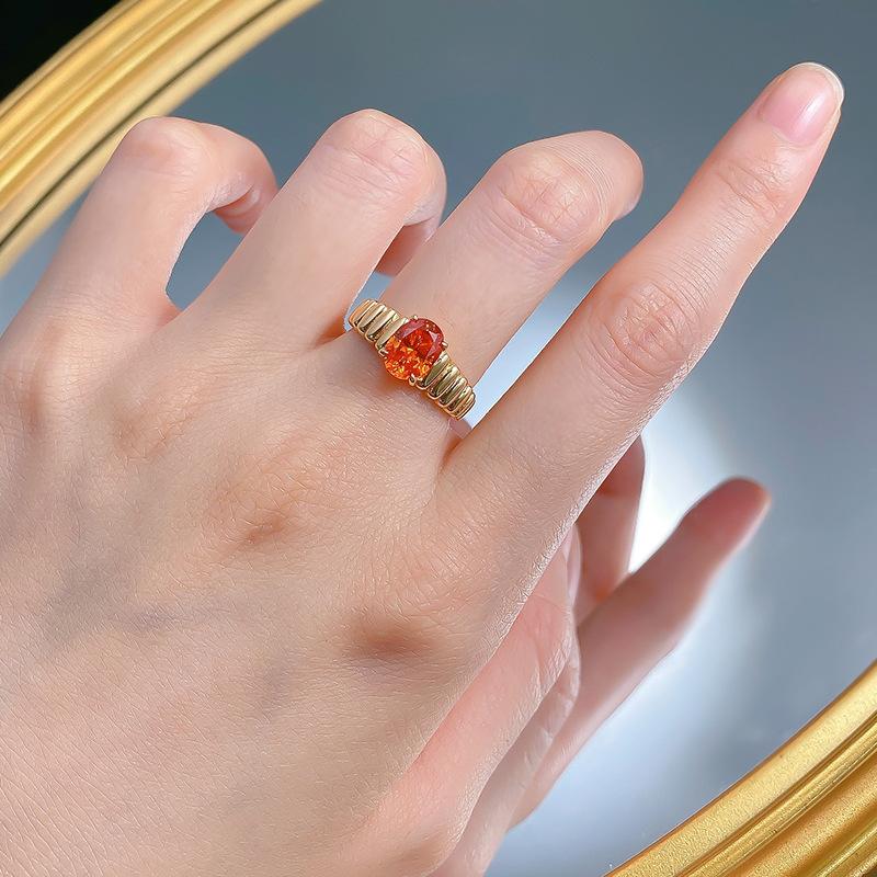 S925 Sterling Silver Orange Oval 6*8 mm 6A Cubic Zirconia Ring-424(25%)