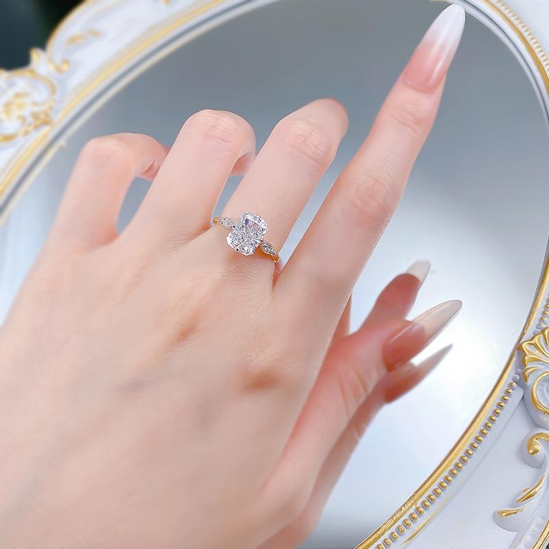 S925 Sterling Silver Ice Flower Cut Three stones Square 7*9mm 8A Cubic Zirconia Ring-122(45%)