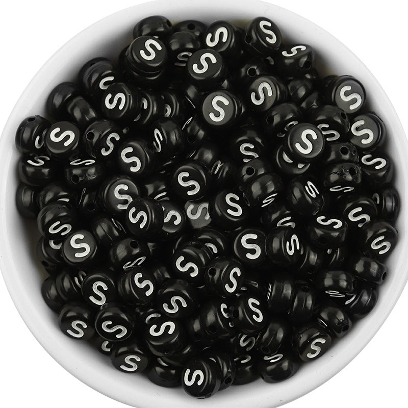 100 Pcs/Pack Acrylic Flat round Beads Diy Black Background White Love Beads/Single English Letter Loose Beads