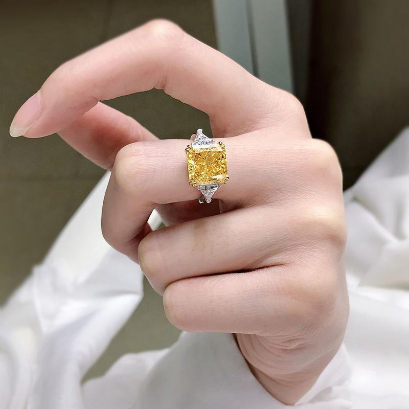 S925 Sterling Silver Yellow Three stones Square 10*10mm 5Carats 8A Cubic Zirconia Ring-153(45%)
