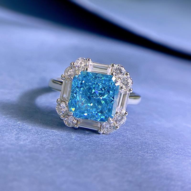 S925 Sterling Silver Sea Blue Ice Flower Cut Square 8*8mm 8A Cubic Zirconia Ring-439(25%)