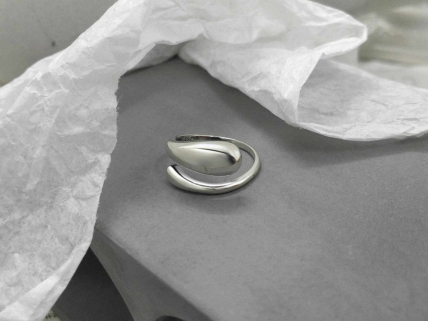 S925 Sterling Silver Minimalist Smooth Water Drop Open Ring for Women -560(45%)