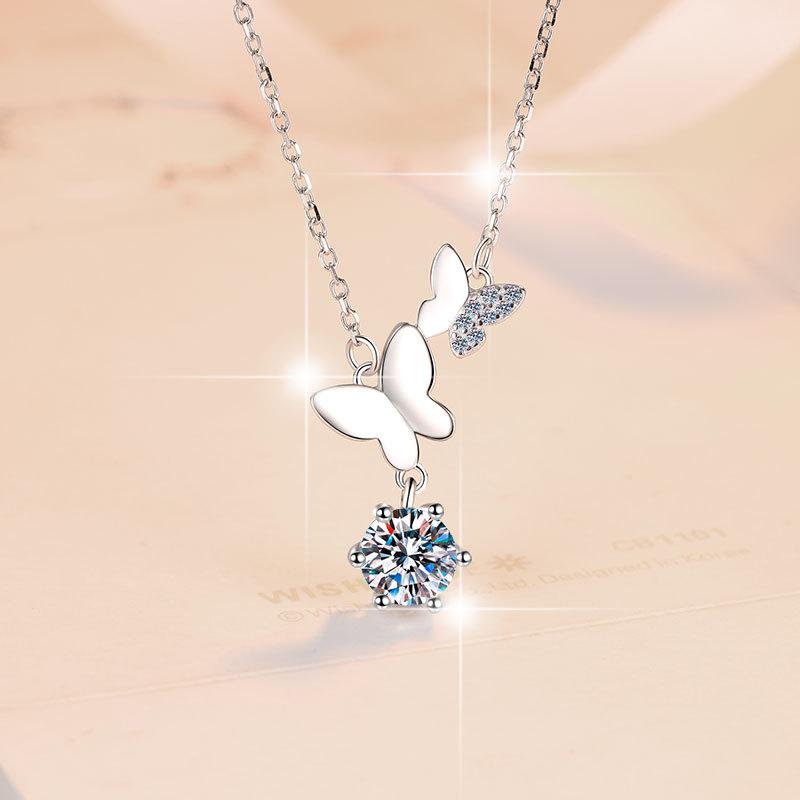 S925 Sterling Silver Butterfly Necklace Synthetic Moissanite Birthday Gift Minimalist Pendant Necklace-326(35%)