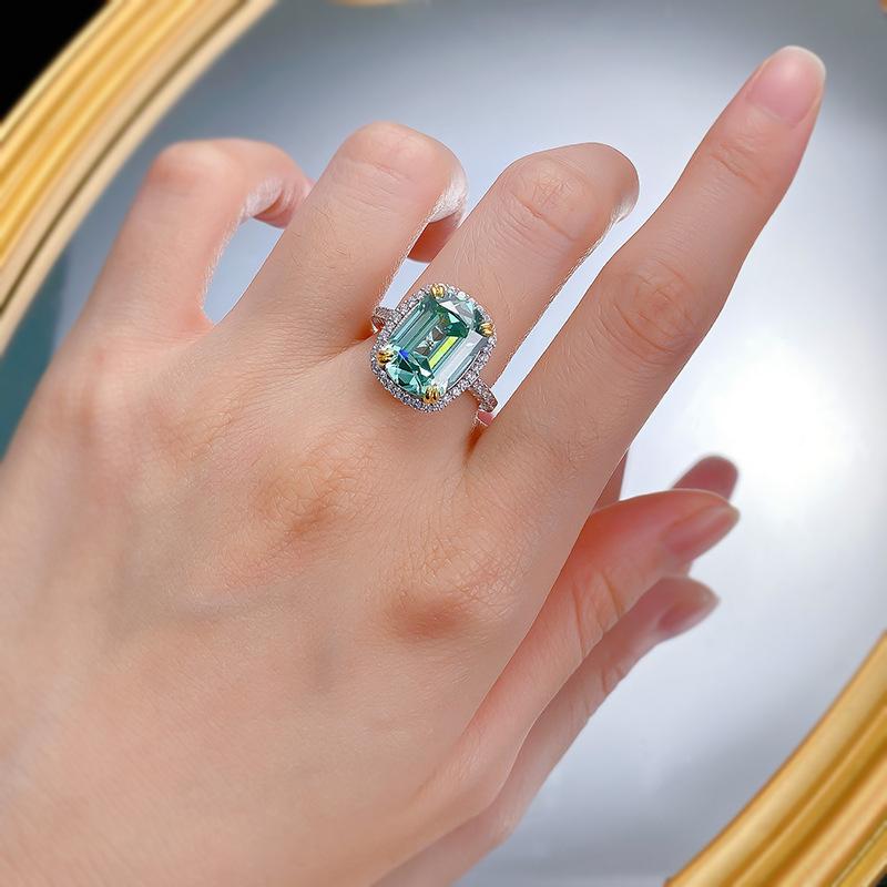 S925 Sterling Silver Tourmaline Cushion Cut Square Ring 10*14mm 8A Cubic Zirconia Ring-375(35%)