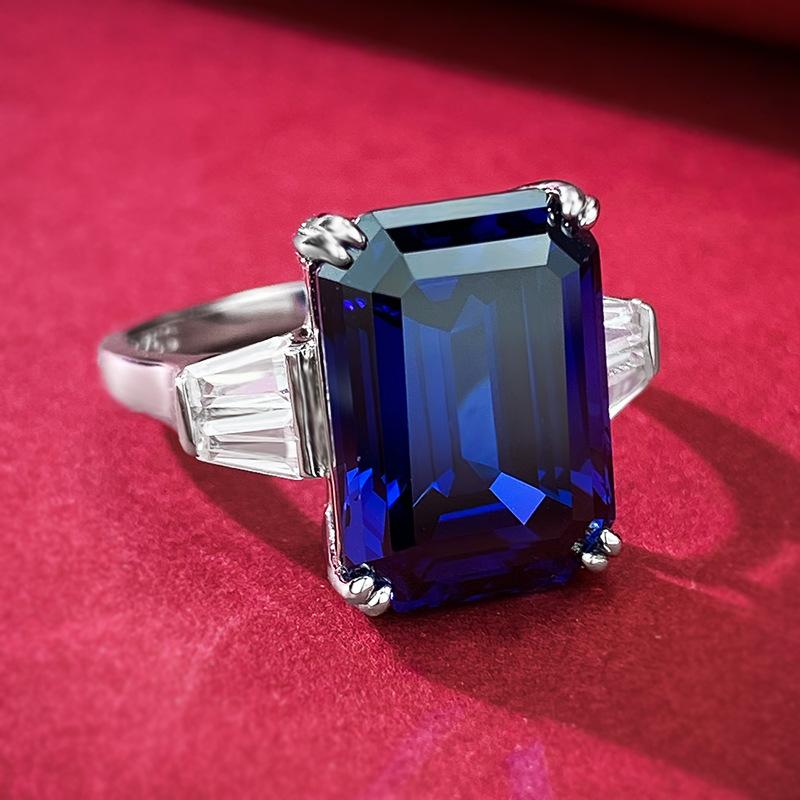 S925 Sterling Silver Blue Grandma Rectangular 10*14mm 6A Cubic Zirconia Ring-148(45%)