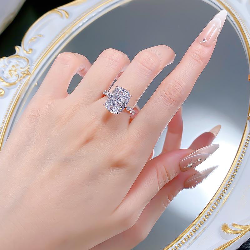 S925 Sterling Silver Radiant Fat Square Ice Flower Cut Ring 10*14mm 8A Cubic Zirconia Ring Ring-578(35%)