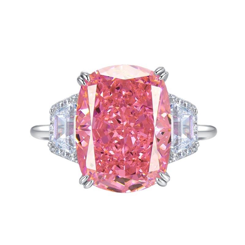 S925 Sterling Silver Pink Rectangular Three Stones 11*15mm 8A Cubic Zirconia Ring-441(25%)
