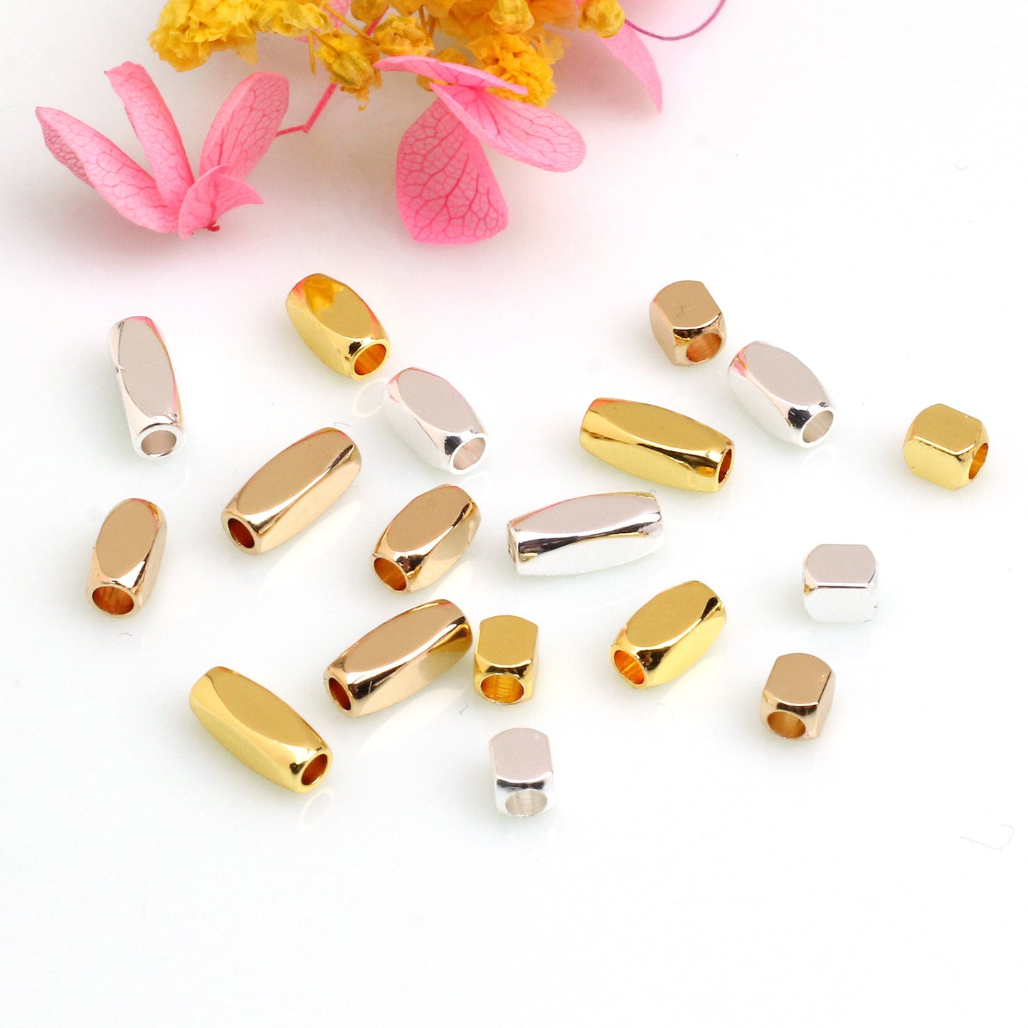 Cuboid Copper Beads With Rounded Corners For Jewelry DIY，Covered by 14/18K Real Gold Or Silver