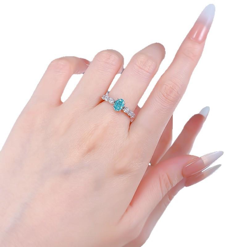S925 Sterling Silver Blue Oval Cut Four Claws Seven Stones Ring 5*7mm 6A Cubic Zirconia Ring-463(25%)