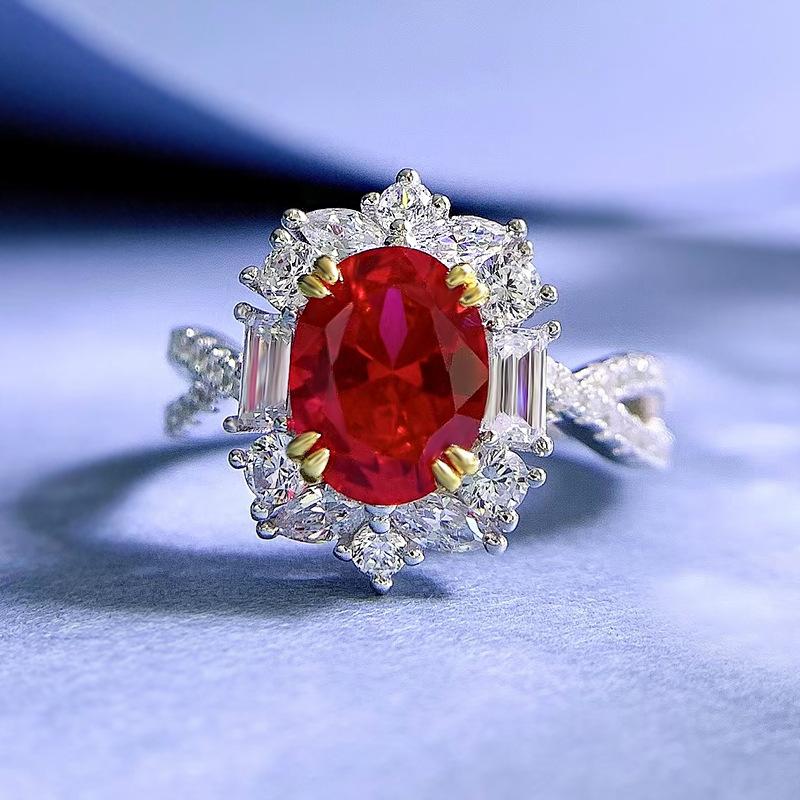 S925 Sterling Silver Red Oval Pigeon Egg 7*9 mm 6A Cubic Zirconia Ring-133(45%)