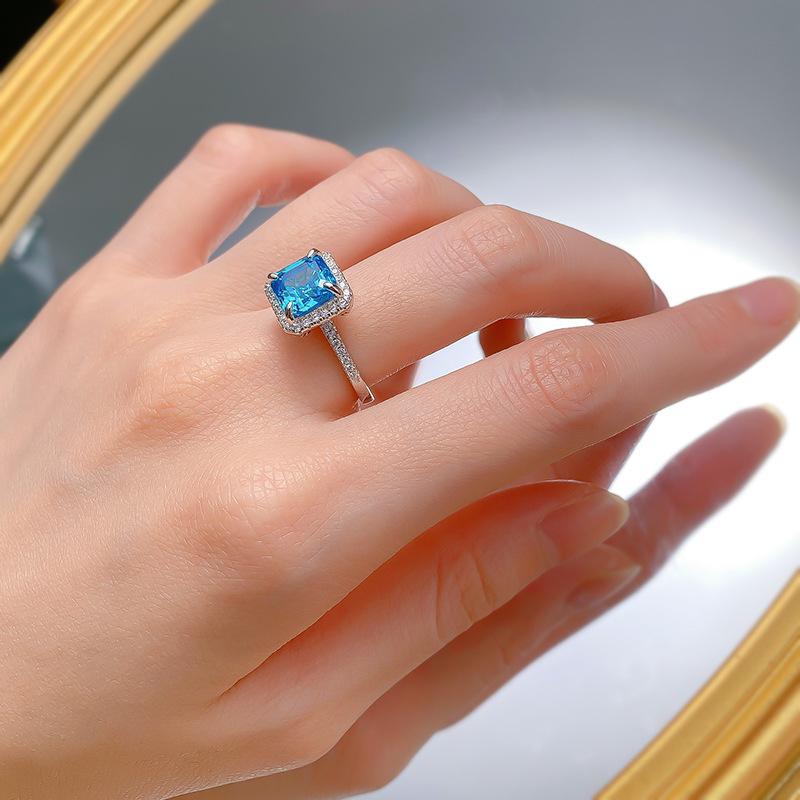 S925 Sterling Silver  Aquamarine Square Cushion 8*8mm 6A Cubic Zirconia Ring-436(25%)