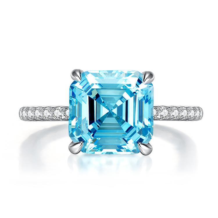 S925 Sterling Silver Blue Asscher Square Cut High Carbon Four Claws Ring 9*9mm 6A Cubic Zirconia Ring-459(25%)