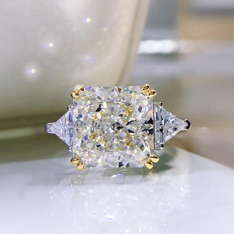 S925 Sterling Silver Ice Flower Cut High Carbon Square Ring 10*10mm 8A Cubic Zirconia Ring-117(45%)